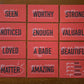 a set of 12 dark red mini cards with brown envelopes. Each card has one of twelve different sayings "you are seen", "you are worthy", "you are strong", "you are noticed", "you are enough", "you are valuable", "you are loved", "you are a total babe", "you are absolutely beautiful", "you matter", "you are totally amazing", and "you are seen, you are noticed, you are loved, you matter.". The back has a small "to" and "from" spot, with room to pen a short note.