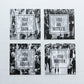 a set of four small square cards in black and white with a different view of a crowd of people on each card. Each set comes with one card with each of these sayings "you are seen", "you are noticed", "you are loved", "you matter". The back is left largely blank with only our website and hashtag in small font at the bottom, leaving plenty of room for a short note to be penned.